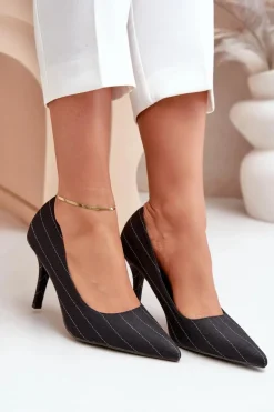 Materiałowe Szpilki Damskie W Paski Czarne Tifidra