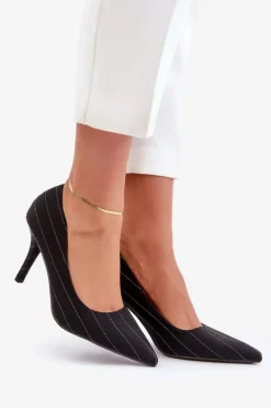 Materiałowe Szpilki Damskie W Paski Czarne Tifidra