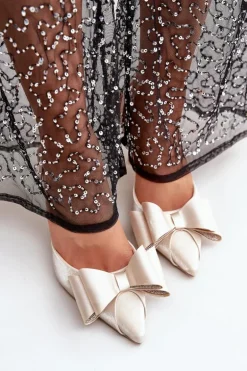 Materiałowe Szpilki Z Kokardą Złote Selatea