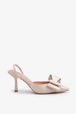 Materiałowe Szpilki Z Kokardą Złote Selatea