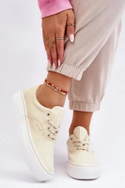 Materiałowe Tenisówki Na Platformie Big Star LL274144 Jasnożółte