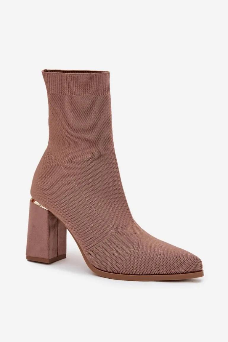 Materiałowe Wsuwane Botki Damskie Na Słupku Beżowe Virelle