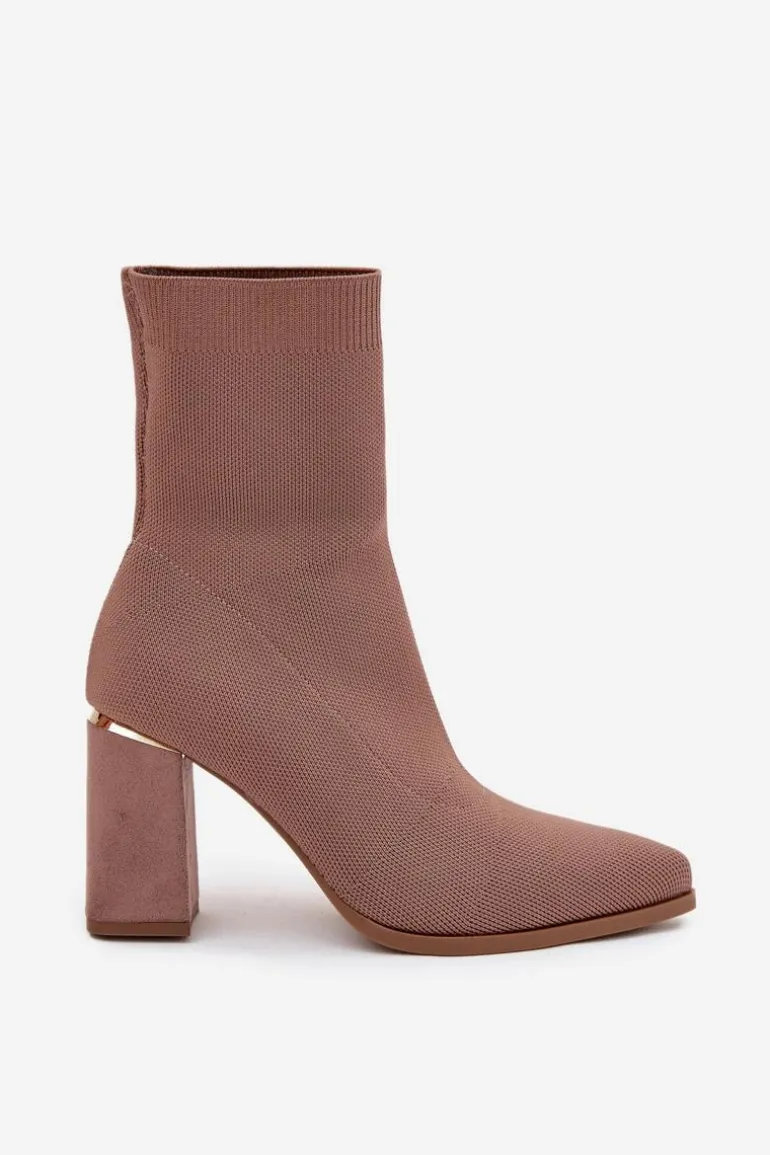 Materiałowe Wsuwane Botki Damskie Na Słupku Beżowe Virelle