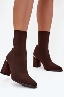 Materiałowe Wsuwane Botki Damskie Na Słupku Czekoladowe Virelle