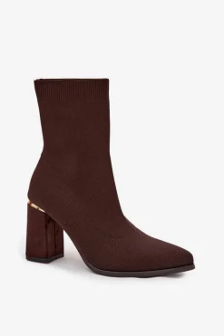 Materiałowe Wsuwane Botki Damskie Na Słupku Czekoladowe Virelle