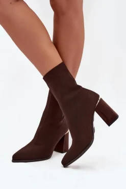 Materiałowe Wsuwane Botki Damskie Na Słupku Czekoladowe Virelle