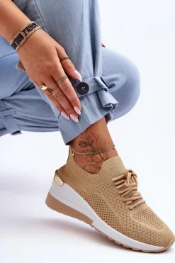 Materiałowe Wsuwane Buty Sportowe Na Koturnie Beżowe Visconti