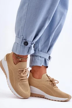 Materiałowe Wsuwane Buty Sportowe Na Koturnie Beżowe Visconti