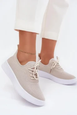 Materiałowe Wsuwane Buty Sportowe Na Platformie Damskie Beżowe Kalyra