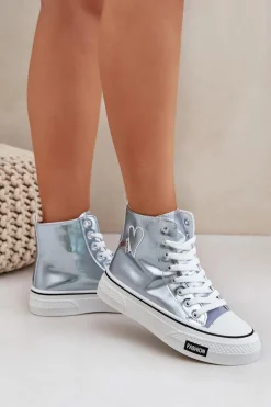 Metaliczne Wysokie Trampki Damskie Z Serduszkiem Niebieskie Sumehra