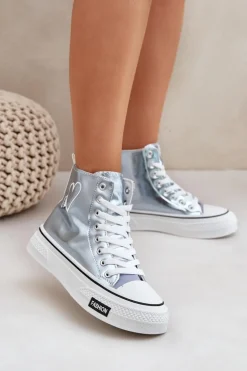 Metaliczne Wysokie Trampki Damskie Z Serduszkiem Niebieskie Sumehra