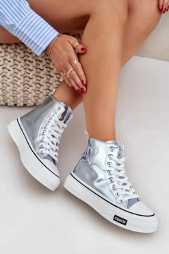 Metaliczne Wysokie Trampki Damskie Z Serduszkiem Niebieskie Sumehra