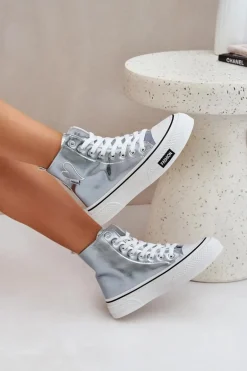 Metaliczne Wysokie Trampki Damskie Z Serduszkiem Niebieskie Sumehra