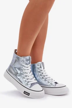 Metaliczne Wysokie Trampki Damskie Z Serduszkiem Niebieskie Sumehra