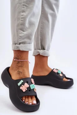 Miękkie Damskie Piankowe Klapki Z Ozdobami Czarne Lorie