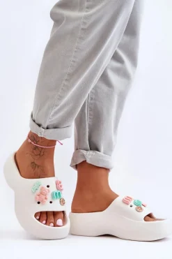 Miękkie Damskie Piankowe Klapki Z Ozdobami Białe Lorie