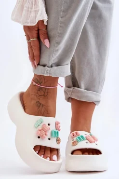 Miękkie Damskie Piankowe Klapki Z Ozdobami Białe Lorie