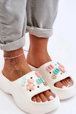 Miękkie Damskie Piankowe Klapki Z Ozdobami Białe Lorie