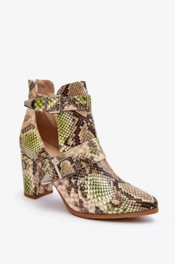 Modne Botki Na Słupku Z Wycięciami Beżowo-Zielone Suelo