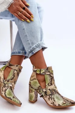 Modne Botki Na Słupku Z Wycięciami Beżowo-Zielone Suelo