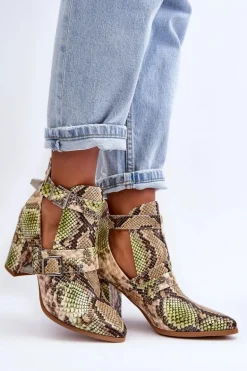 Modne Botki Na Słupku Z Wycięciami Beżowo-Zielone Suelo