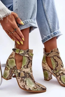 Modne Botki Na Słupku Z Wycięciami Beżowo-Zielone Suelo