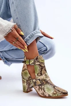 Modne Botki Na Słupku Z Wycięciami Beżowo-Zielone Suelo