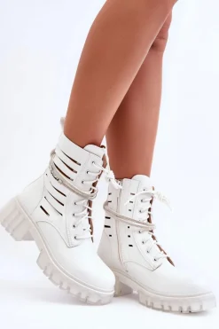 Modne Botki Workery Z Ozdobnym Paseczkiem Białe Rocky