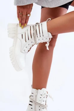 Modne Botki Workery Z Ozdobnym Paseczkiem Białe Rocky