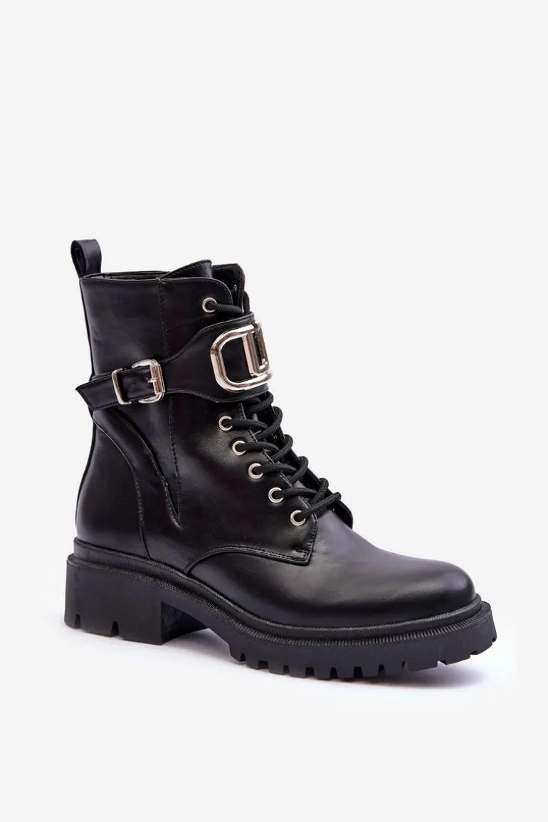 Modne Botki Workery Z Ozdobą Czarne Ollia