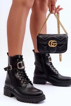 Modne Botki Workery Z Ozdobą Czarne Ollia