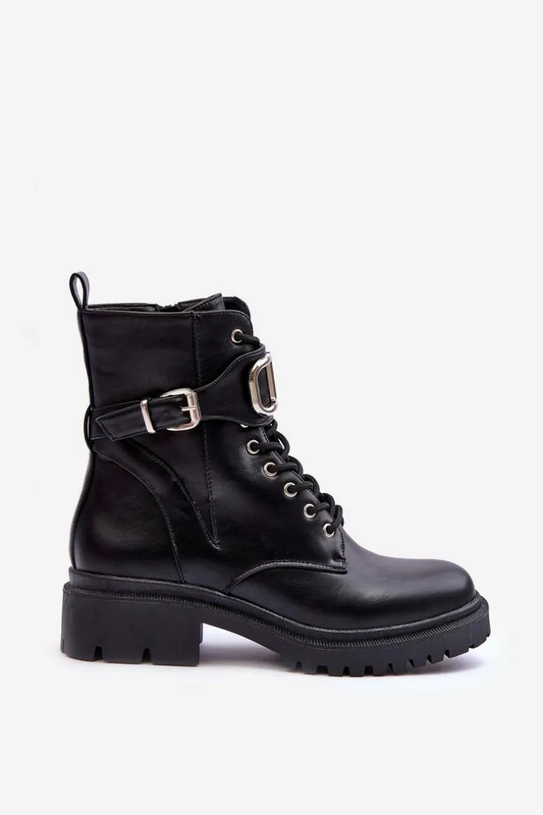 Modne Botki Workery Z Ozdobą Czarne Ollia