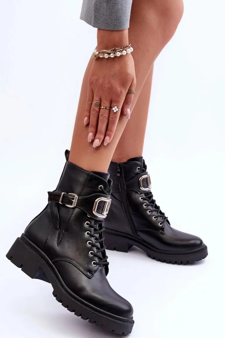 Modne Botki Workery Z Ozdobą Czarne Ollia