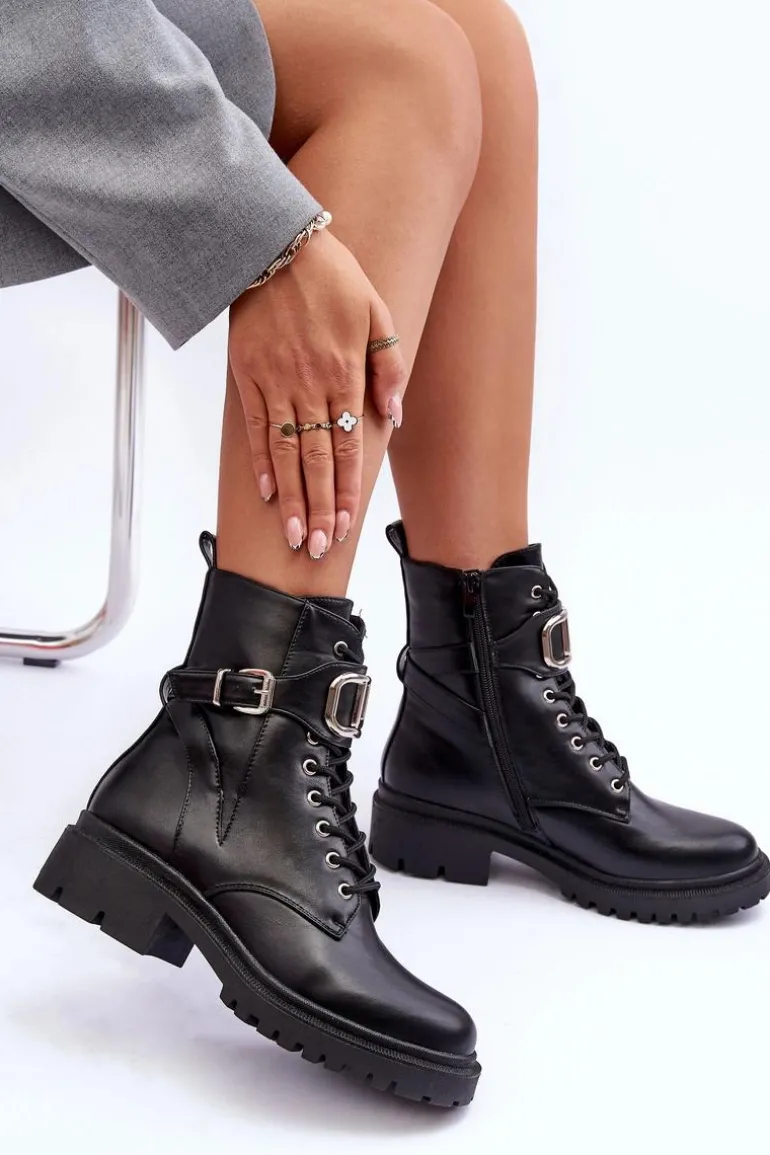 Modne Botki Workery Z Ozdobą Czarne Ollia