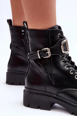 Modne Botki Workery Z Ozdobą Czarne Ollia