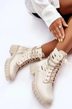 Modne Botki Workery Z Ozdobnym Paseczkiem Beżowe Rocky