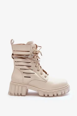 Modne Botki Workery Z Ozdobnym Paseczkiem Beżowe Rocky