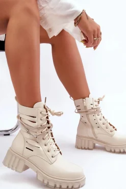 Modne Botki Workery Z Ozdobnym Paseczkiem Beżowe Rocky