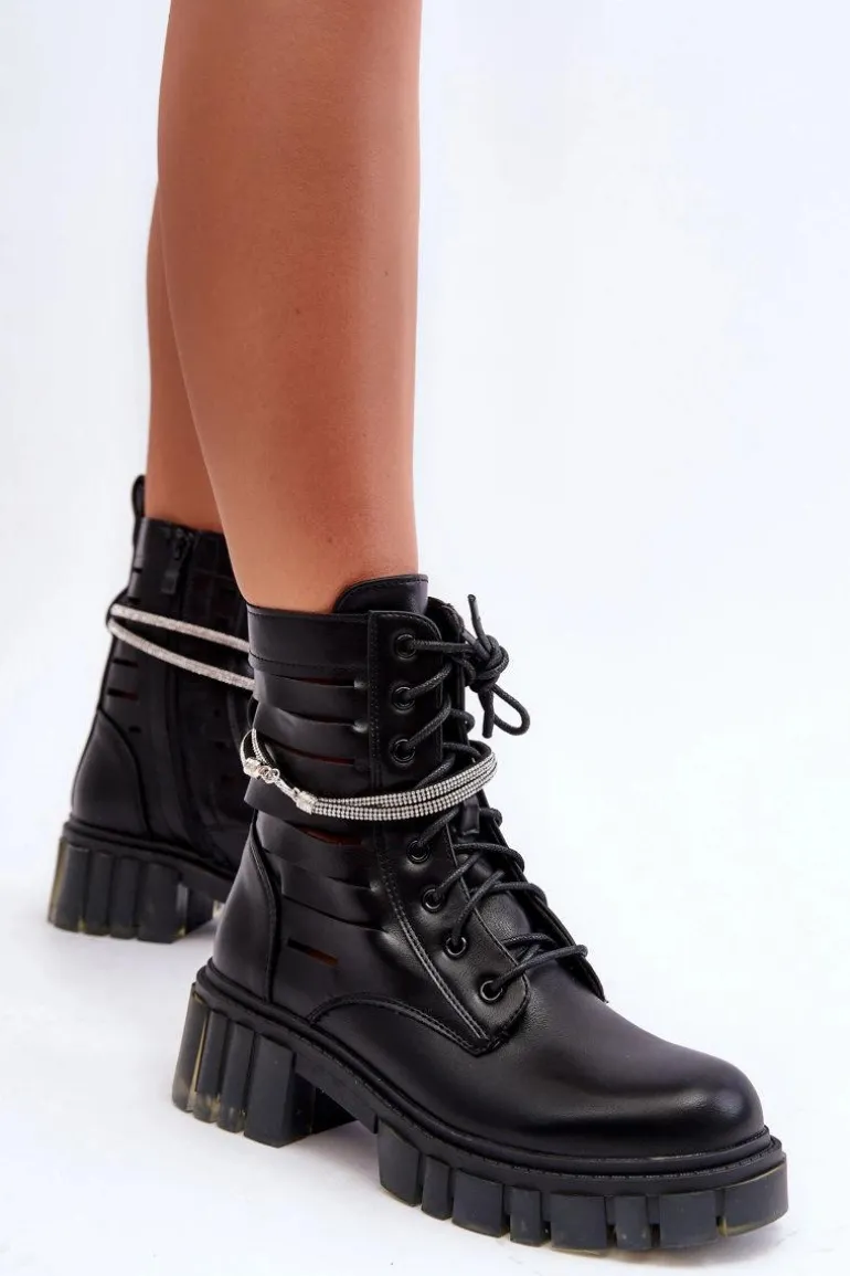 Modne Botki Workery Z Ozdobnym Paseczkiem Czarne Rocky