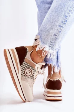 Modne Buty Sportowe Damskie Na Koturnie Beżowo-Brązowe Aronne