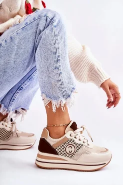 Modne Buty Sportowe Damskie Na Koturnie Beżowo-Brązowe Aronne
