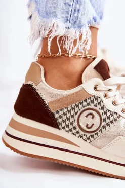 Modne Buty Sportowe Damskie Na Koturnie Beżowo-Brązowe Aronne
