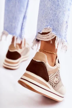 Modne Buty Sportowe Damskie Na Koturnie Beżowo-Brązowe Aronne