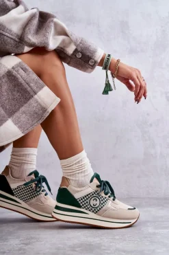 Modne Buty Sportowe Damskie Na Koturnie Beżowo-Zielone Aronne