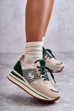 Modne Buty Sportowe Damskie Na Koturnie Beżowo-Zielone Aronne