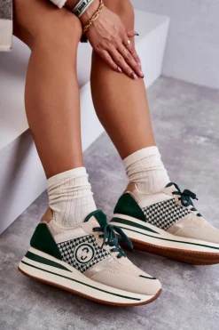Modne Buty Sportowe Damskie Na Koturnie Beżowo-Zielone Aronne