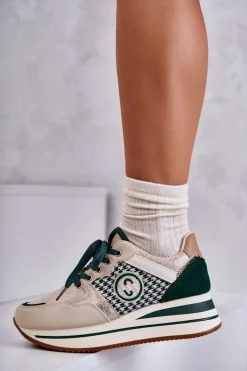 Modne Buty Sportowe Damskie Na Koturnie Beżowo-Zielone Aronne