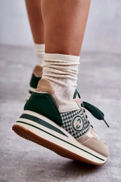 Modne Buty Sportowe Damskie Na Koturnie Beżowo-Zielone Aronne