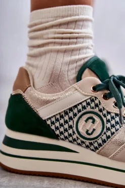 Modne Buty Sportowe Damskie Na Koturnie Beżowo-Zielone Aronne
