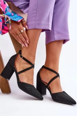 Modne Błyszczące Czółenka Na Słupku Czarne Galaxy